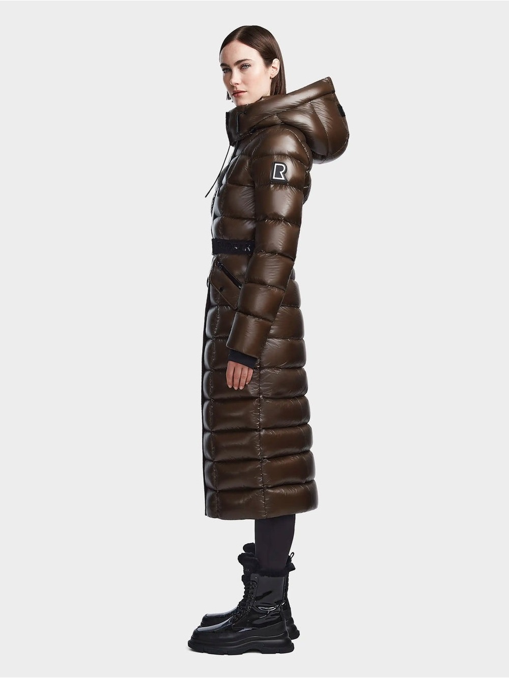 RUDSAK Frida Long Olive Quilted Hooded Puffer Coat in Olive-Brown